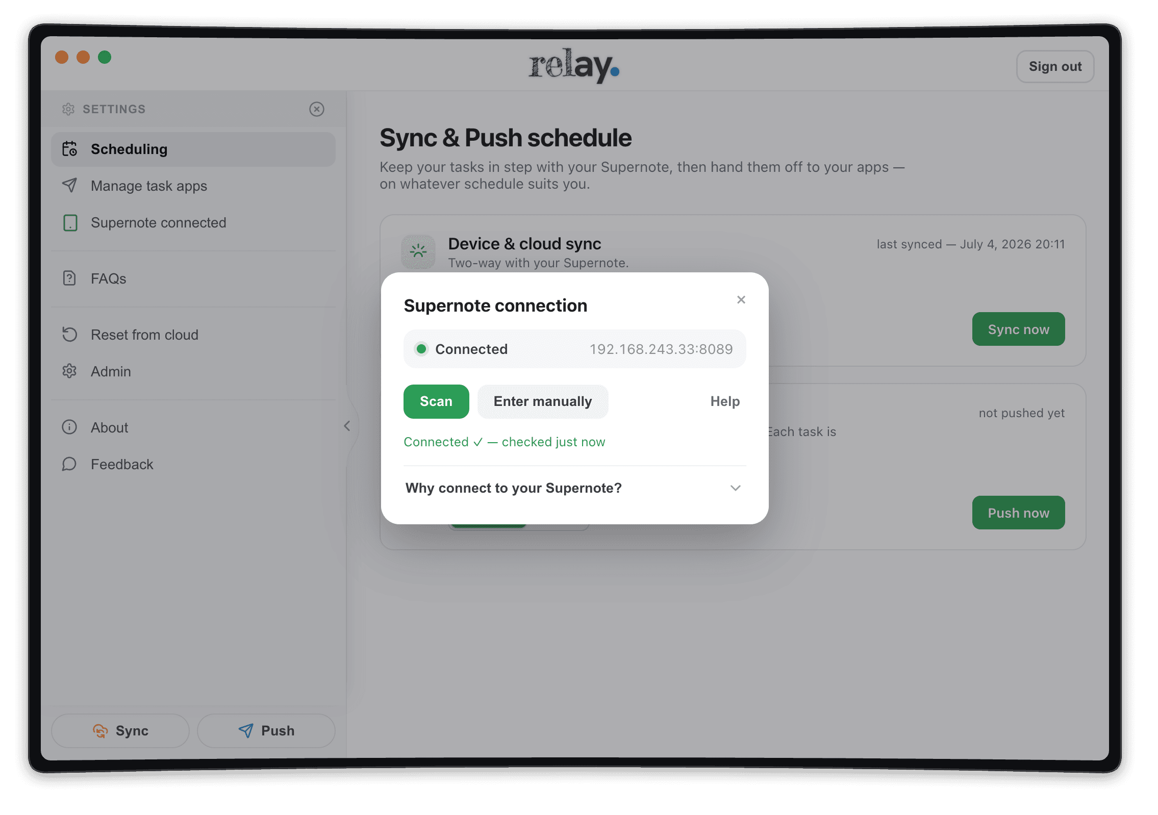 Relay’s Supernote connection dialog showing Connected with the device’s address, Scan and Enter manually buttons, and ‘Supernote connected’ in the sidebar