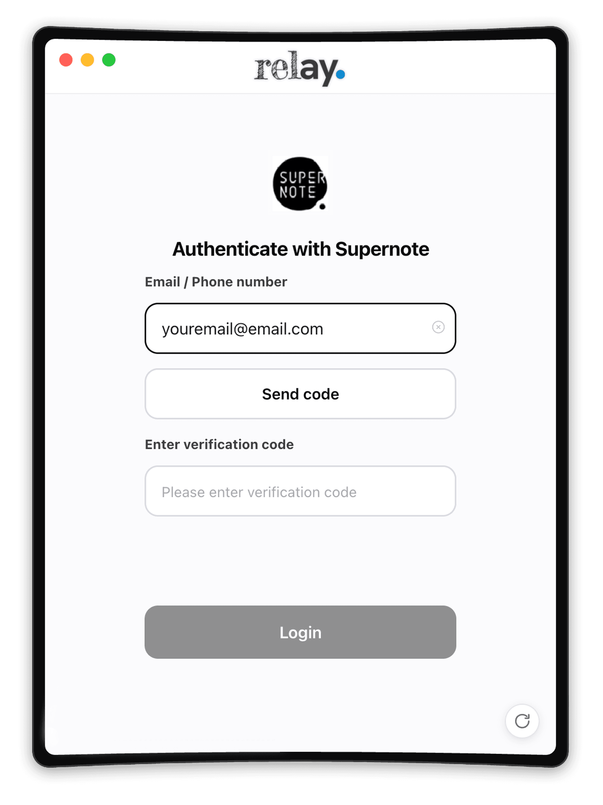 Relay’s sign-in window: Supernote’s own login with an email field, a Send code button and a verification-code field