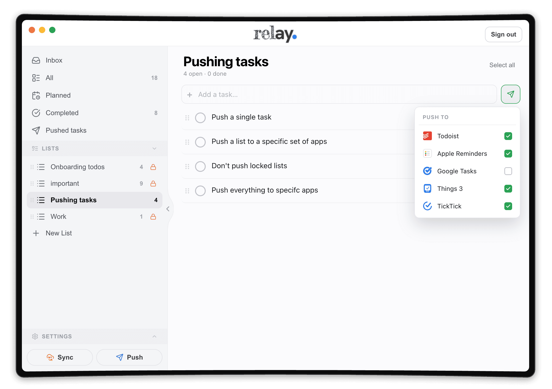 Relay’s push-destination picker over a Pushing tasks list: a Push to menu with Todoist, Apple Reminders, Google Tasks, Things 3 and TickTick, four of them ticked to receive the tasks