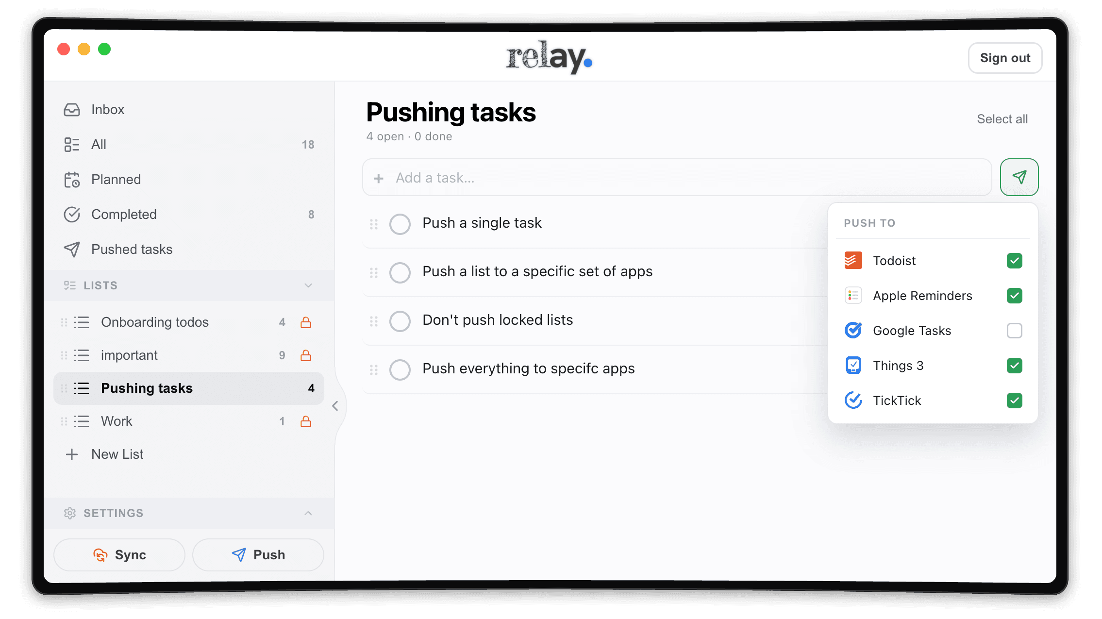 Relay’s push-destination picker over a Pushing tasks list: a Push to menu with Todoist, Apple Reminders, Google Tasks, Things 3 and TickTick, four of them ticked to receive the tasks