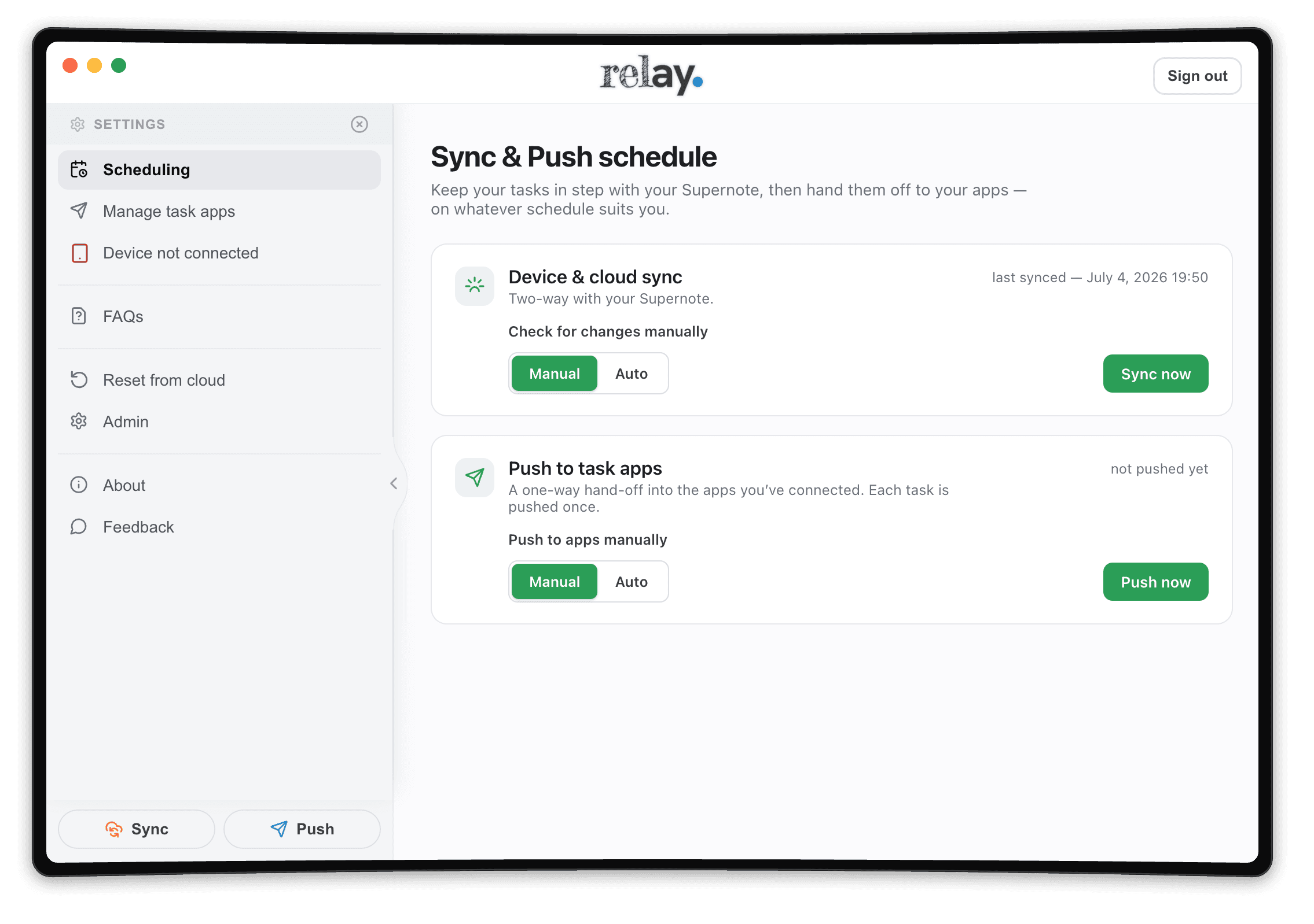 Relay’s Sync & Push schedule settings: a Device & cloud sync card and a Push to task apps card, each with Manual/Auto toggles and Sync now / Push now buttons