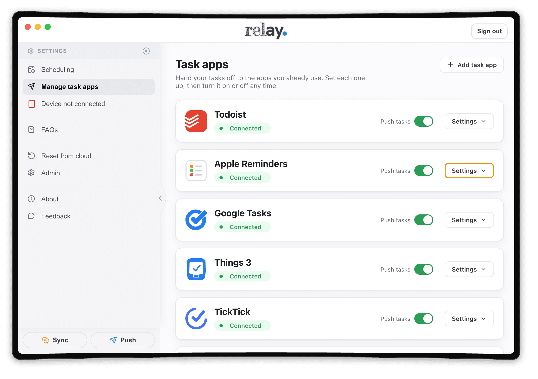 Relay’s Task apps settings: Todoist, Apple Reminders, Google Tasks, Things 3 and TickTick all connected, each with a Push tasks toggle and Settings menu