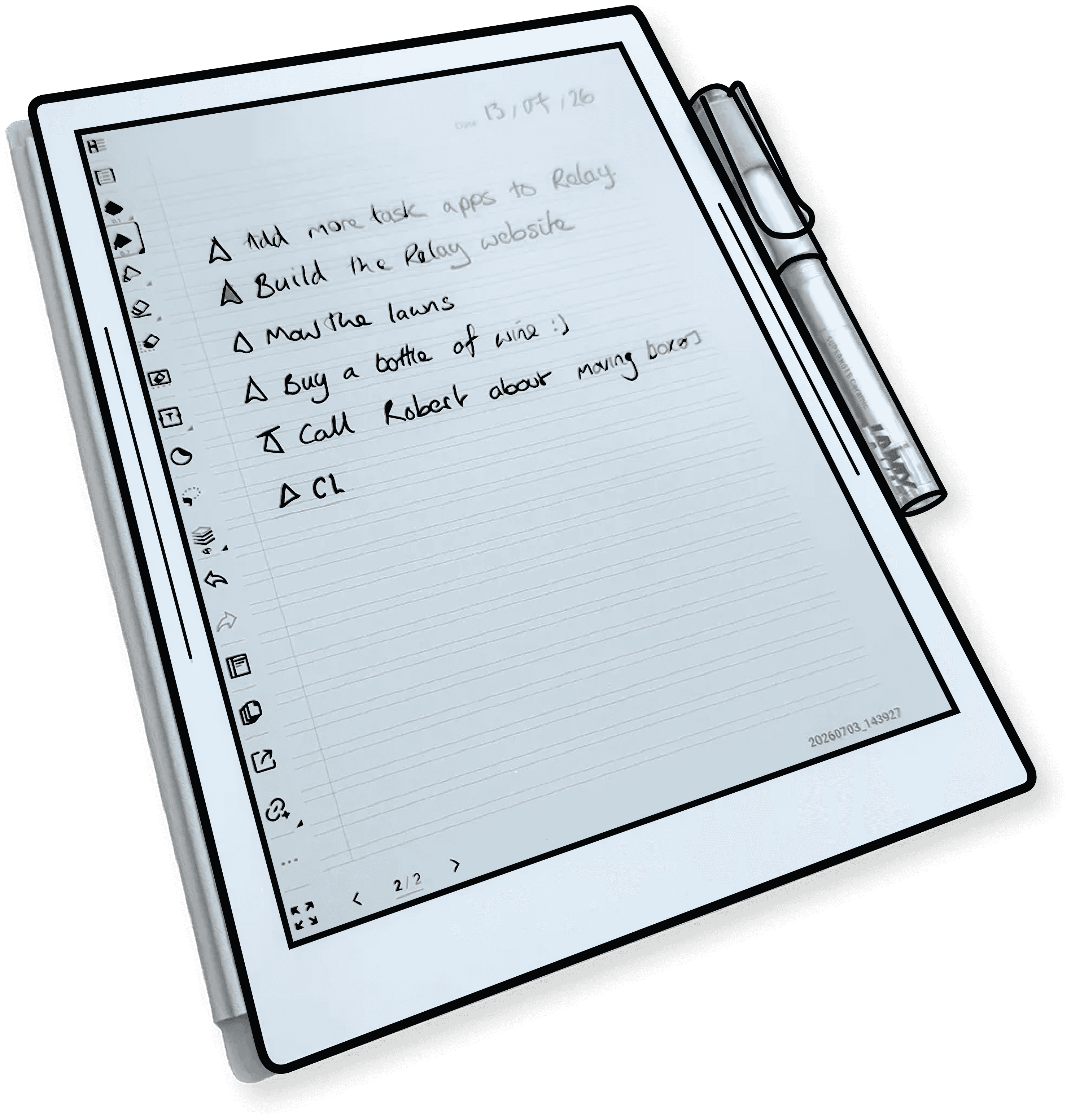 A Supernote tablet with a handwritten task list — including ‘Build the Relay website’ — and its pen resting in the holder