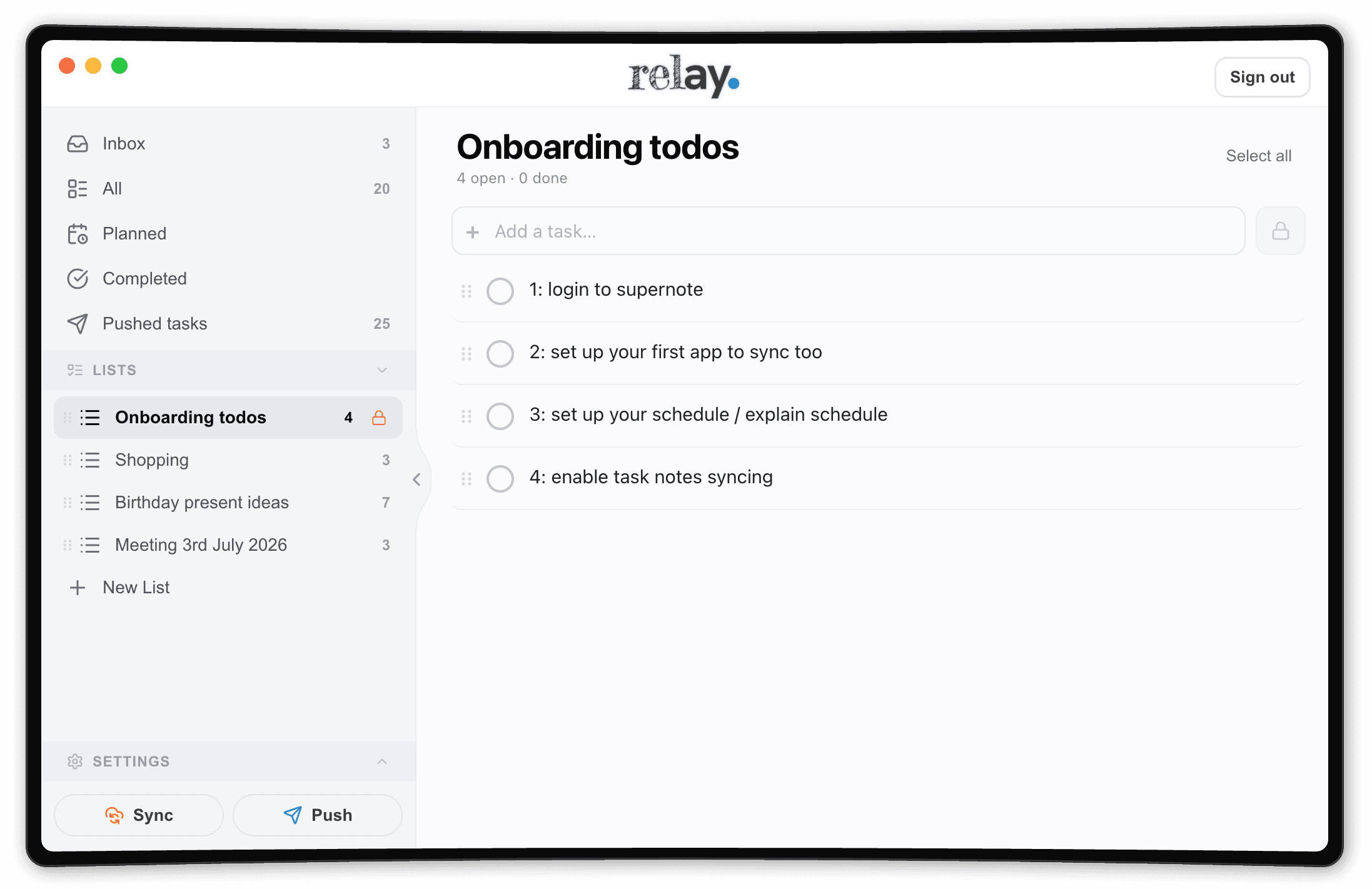The Relay app on a Mac: an ‘Onboarding todos’ list with four open tasks, lists in the sidebar including a padlocked list, and Sync and Push buttons